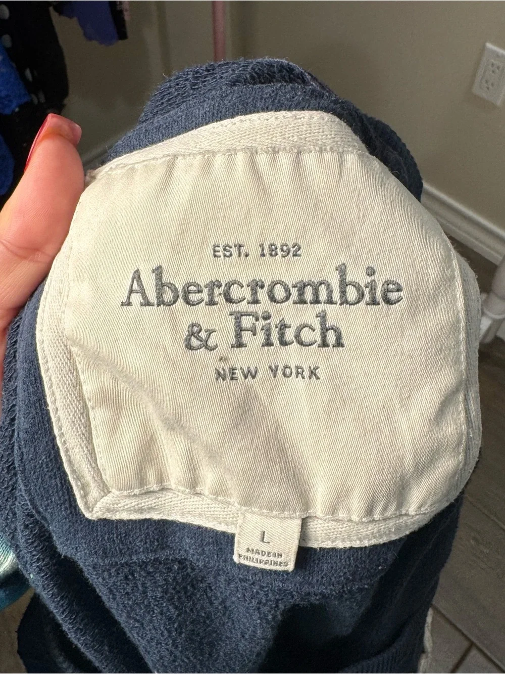 Abercrombie & Fitch Navy Off-the-Shoulder Sweatshirt Cream Chenille Logo